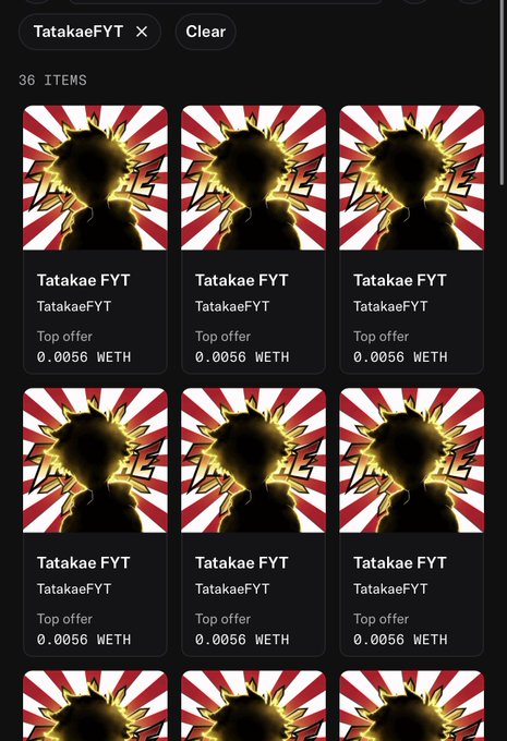 A screenshot of an NFT marketplace listing 36 "Tatakae FYT" items at a top offer of 0.0056 WETH each, shown with anime-style silhouette artwork against a red sunburst background. The image illustrates the post's teasing about an exclusive project—likely the "Tatakae" NFT collection—where low-priced entry points are highlighted before the founder's unreleased work drives up value.