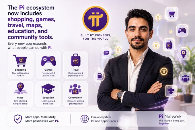 Pi Network promotional graphic showcasing its ecosystem of apps including shopping, games, travel, maps, education, and community tools.