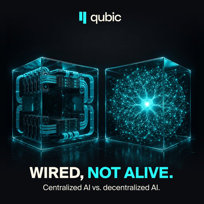 A dark digital poster by **Qubic** features two glowing cyan cubes—one resembling stacked hardware servers and the other an abstract neural network—set against a black background, with bold text reading **"WIRED, NOT ALIVE. Centralized AI vs. decentralized AI."** The imagery visually contrasts rigid, server-bound centralized AI (the "wired" cube) with the fluid, interconnected web of true decentralized AI (the "alive" cube), reinforcing the post's claim that most so-called "decentralized AI" tokens like TAO, RENDER, NEAR, FET, and Virtuals are really just centralized AI with a token attached rather than genuinely decentralized systems.