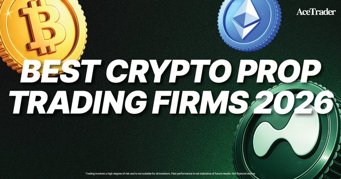 A promotional graphic titled 'BEST CRYPTO PROP TRADING FIRMS 2026' by AceTrader, featuring Bitcoin, Ethereum, and another crypto coin against a dark background.