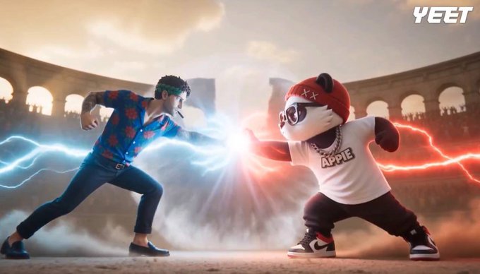 Humorous digital image showing a man with curly hair and sunglasses fighting a panda character wearing a red beanie and 'Appie' t-shirt in a colosseum, with blue and red energy clashing between their fists and the 'YEET' logo in the corner.