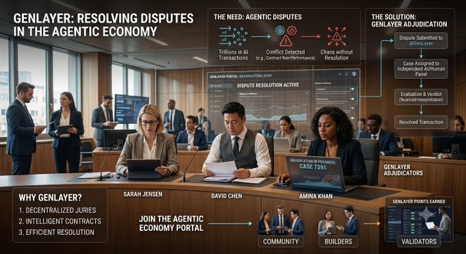 A presentation slide titled 'GENLAYER: RESOLVING DISPUTES IN THE AGENTIC ECONOMY' shows adjudicators Sarah Jensen, David Chen, and Amina Khan working at a 'DISPUTE RESOLUTION ACTIVE' terminal, with sections explaining the need for resolving 'Trillions in AI Transactions' and the solution via decentralized AI/human panels.