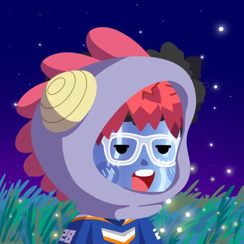 A cartoon illustration depicts a crying character wearing a purple shell-like hood with yellow and pink flower-like decorations, set against a starry night sky with grass at the bottom.