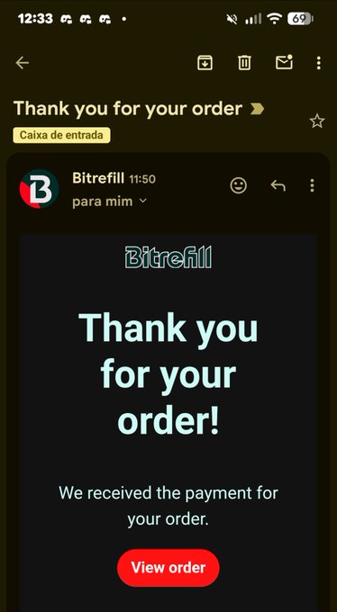 A Gmail email confirmation on a mobile screen titled 'Thank you for your order' from Bitrefill, featuring a 'Bitrefill' logo, the message 'Thank you for your order!', and a red 'View order' button.