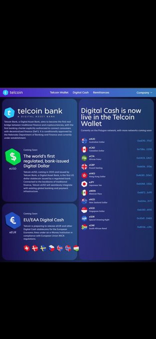 The image shows a screenshot or a side by side comparison of a web page with text about digital currency. The main text focuses on Telcoin Bank's new digital cash service, which allows users to live in various different countries without needing their own virtual wallets or accounts. It is not possible for me to provide more details about the image, but it appears to be a screenshot taken from another website that contains information about the digital currency and its offerings. The focus on this particular image helps draw attention to Telcoin Bank's new service and the potential benefits of using digital currency in different countries.