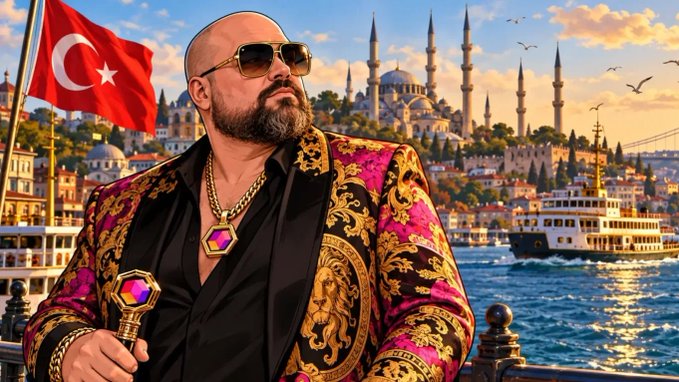 An illustrated image depicts a bald, bearded man in sunglasses and a pink and gold patterned jacket holding a jeweled scepter, with a Turkish flag and Istanbul skyline in the background.