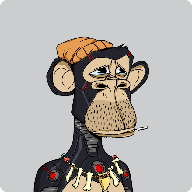 A cartoon ape-style NFT character with droopy eyes, a furry face, and a cigarette hanging from its mouth wears a black cybernetic suit adorned with a primitive bone and tooth necklace. The disheveled, exhausted-looking figure visually conveys the post's sentiment that paying 11 ETH for such an NFT feels overpriced and underwhelming.