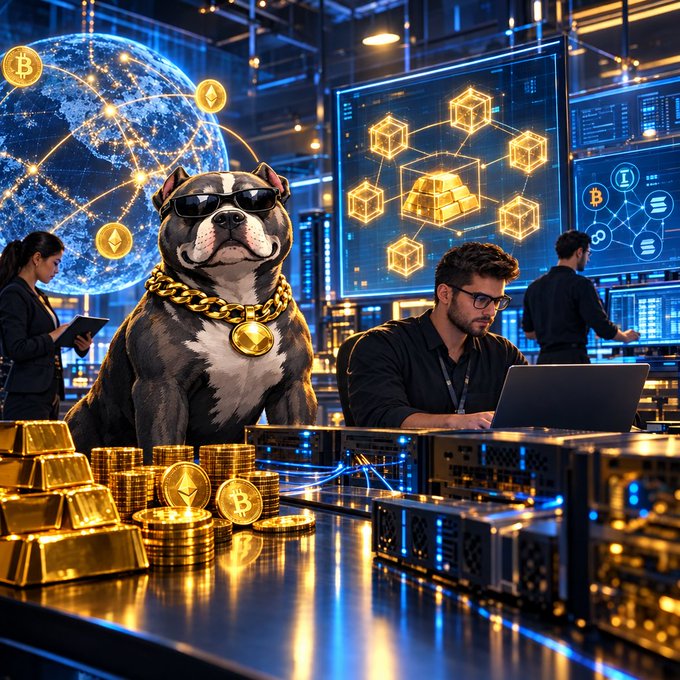 A digital artwork depicting a tech-themed scene where a man works on a laptop in a data center filled with servers, alongside a pitbull wearing sunglasses and a gold chain, surrounded by stacks of gold coins and digital displays of Bitcoin and cryptocurrency networks.