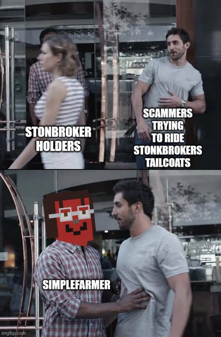 A four-panel meme using a stock photo of a man walking through a glass door, labeling the subjects as 'STONBROKER HOLDERS,' 'SCAMMERS TRYING TO RIDE STONKBROKERS TAILCOATS,' and 'SIMPLEFARMER' (with a red blocky face overlay), illustrating a concept about crypto trading.