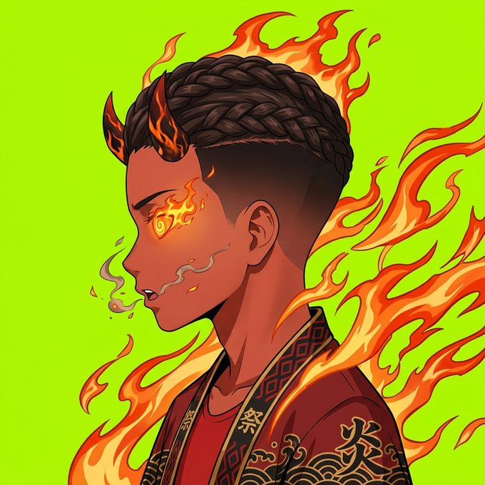 A fiery anime-style character with braided hair, glowing eyes, horns, and flames surrounding him, set against a neon green background. The intense, mystical imagery likely represents the bold, "fiery" spirit of collaboration and energy behind the RobiZuki project's open DM initiative.

Visible text/characters on the character's robe include Asian-style lettering (such as "火" meaning "fire") and wave-like kanji patterns.