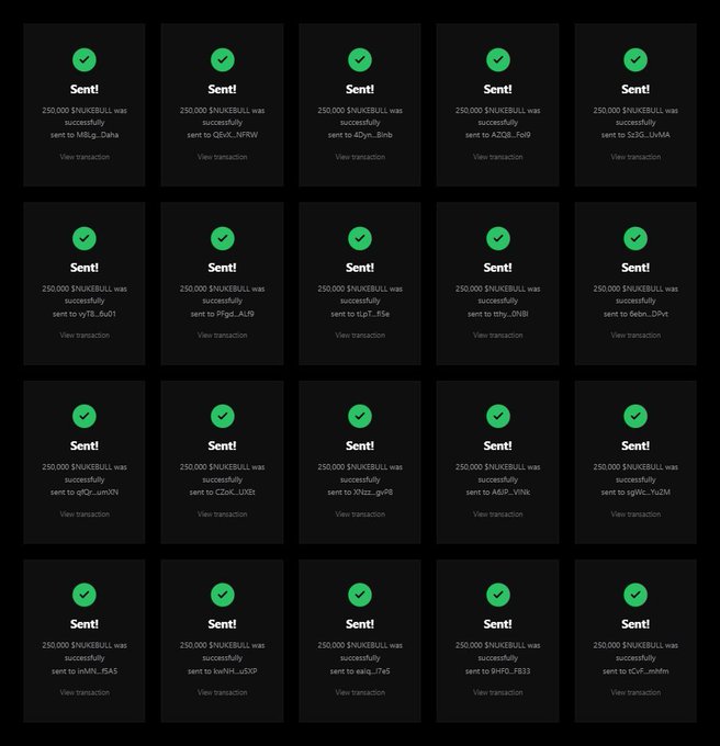 A grid of 20 transaction confirmations, each showing "Sent!" with a green checkmark and stating that 250,000 $NUKEBULL tokens were successfully sent to various wallet addresses, serving as visual proof of airdrop distributions to early participants who completed the requirements of leaving their $SOL address and reposting.