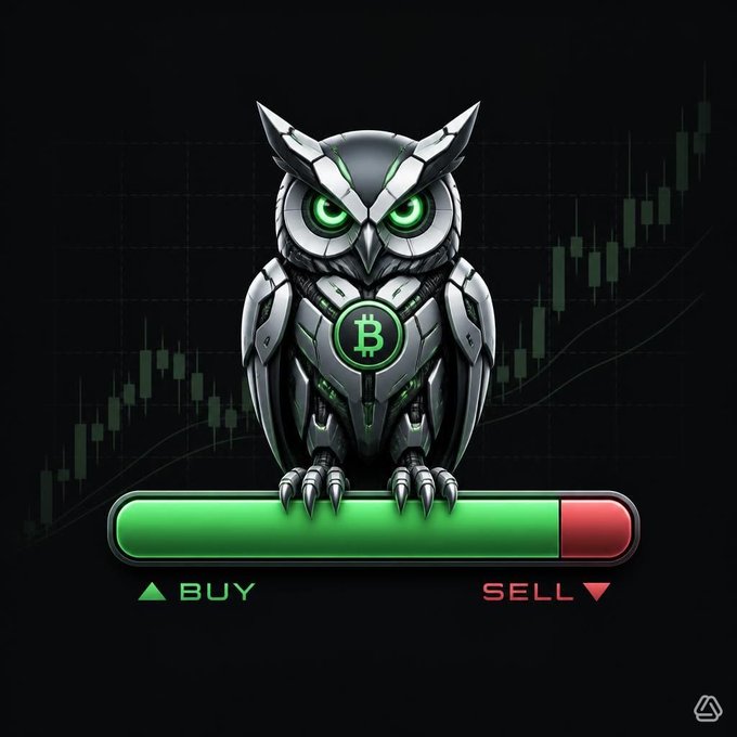 A digital illustration features a robotic owl with a Bitcoin logo on its chest, perched above a green and red progress bar labeled '▲ BUY' and 'SELL ▼', set against a dark background with a rising stock chart.
