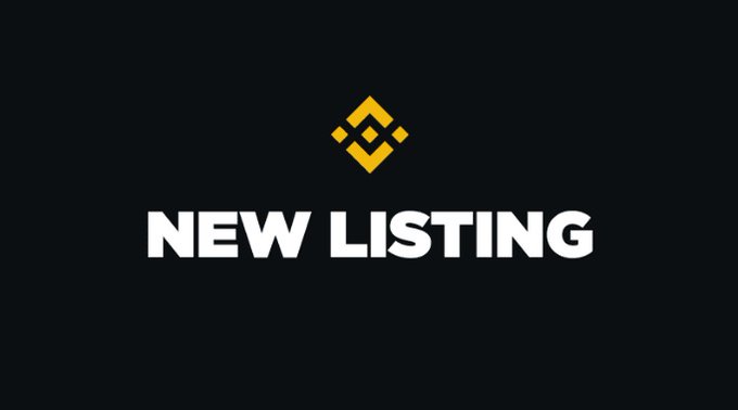 A Binance logo appears above the text 'NEW LISTING' on a dark background.