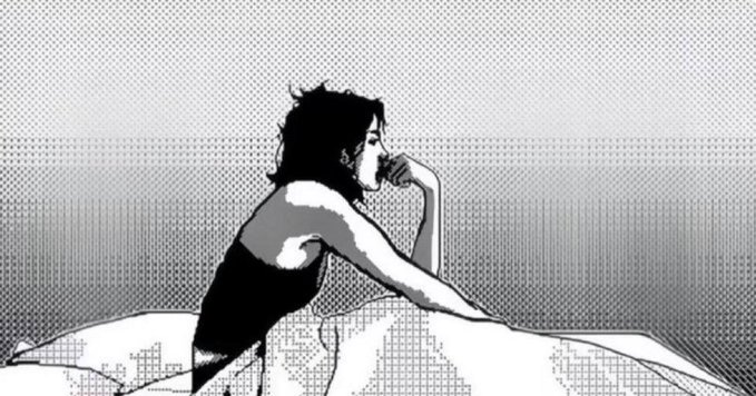 A black-and-white halftone illustration of a woman with dark hair sitting on a bed in profile, resting her chin on her hand in a contemplative pose.