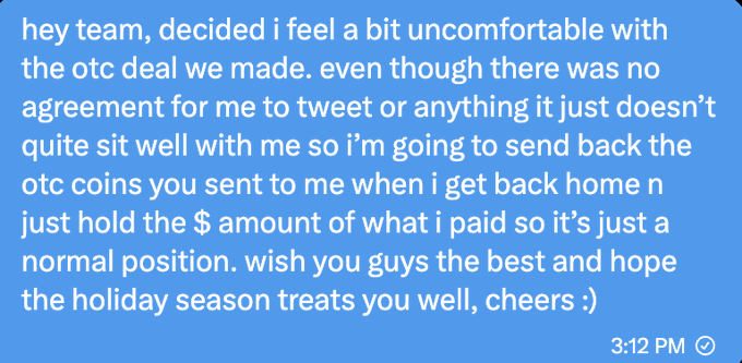 A text message screenshot from 3:12 PM explaining the sender's discomfort with a deal, where they decided to return OTC coins and convert the arrangement into a normal position, wishing the recipients well for the holiday season. This message appears to be evidence of the poster's confession about a past incident involving a Solana memecoin team's OTC deal, illustrating the uncomfortable nature of the promotional arrangement.