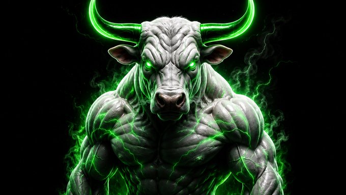 The image shows a muscular bull with glowing green eyes, lightning-like green veins across its body, and radiant green horns, symbolizing powerful upward momentum. This visual ties directly into the post's message about onboarding just one new user daily to drive $LEVI to a 100 million market cap, channeling the relentless bull energy needed to make that goal a reality.