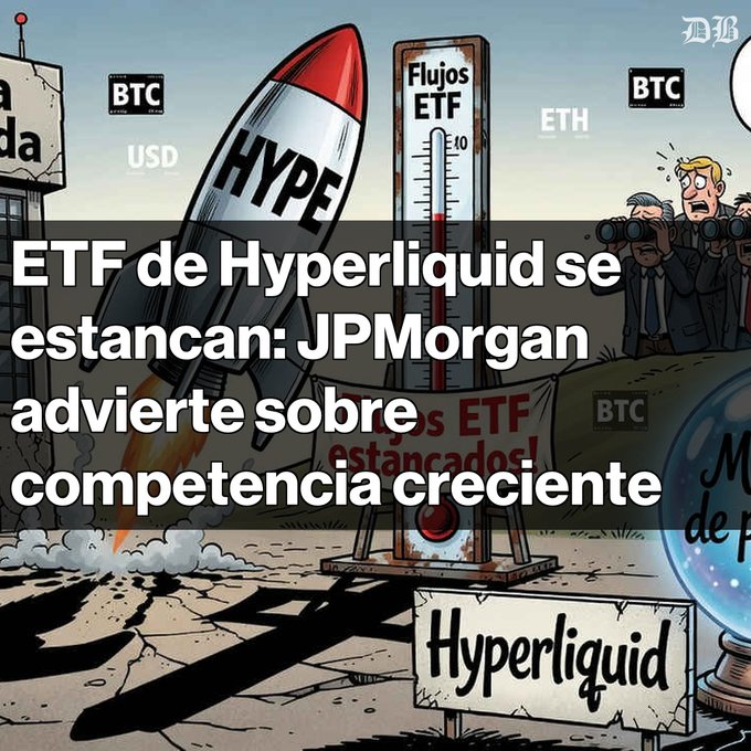 Cartoon illustration overlaid with Spanish text 'ETF de Hyperliquid se estancan: JPMorgan advierte sobre competencia creciente,' showing a rocket labeled 'HYPE' next to an ETF flow thermometer under observation.