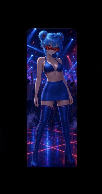 Digital artwork of an anime-style character with blue hair in twin buns, wearing red goggles, a blue bikini top, blue skirt, and thigh-high boots, standing in a neon-lit nightclub setting.
