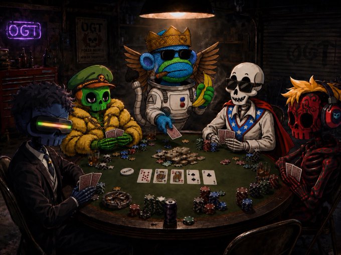 A group of stylized cartoon characters—including a blue furred bear with angel wings and a crown, a skull-faced figure in a suit, a skeleton with a red demon mask and headphones, a blue-suited figure with a glowing visor, and a green skull in a military cap—are gathered around a poker table with chips, cards, and an ashtray. Neon signs reading "OGT" appear in the background, tying into the promotional post for the 2nd Community Poker Event hosted by @OGTripleMedia and @DedGorgez.