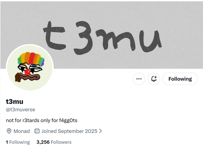 A Twitter/X profile screenshot for **t3mu** (@t3muverse), with bio reading "not for r3tards only for f4gg0ts," showing 3,256 followers and a Rainbow Pepe-style avatar with a colorful mohawk. The handwritten "t3mu" header and profile setup visually tie into the post's joke about "t3mu enjoyers" and r3tards NFT derivatives, branding the account as a tongue-in-cheek rival or counterpart community.