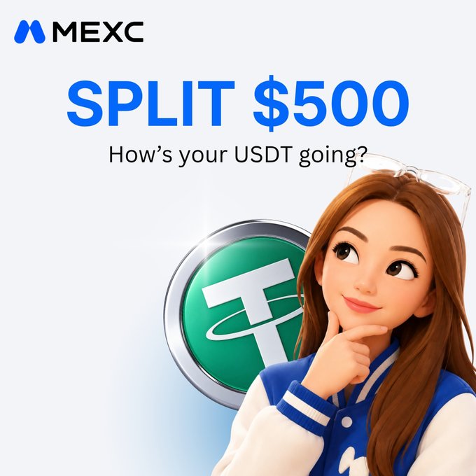 A promotional graphic for MEXC featuring an animated character next to a large Tether (USDT) coin with the text 'SPLIT $500' and 'How's your USDT going?'