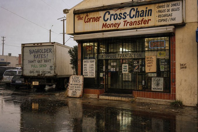 A money transfer business called "The Corner Cross-Chain Money Transfer" stands on a rain-soaked street, offering services like envíos de dinero, pagos de billes, and recargas, with signs advertising "Low Fees" and "Bagholder Rates! Don't Get Rekt." The post's playful crypto slang ("Bridgin' some bread," "deployer up the block," "link droppin'") humorously mirrors the storefront's signs, treating the money transfer shop like a real-world DeFi (decentralized finance) operation, where "bagholders" lose money and "links" are dropped for new crypto projects.