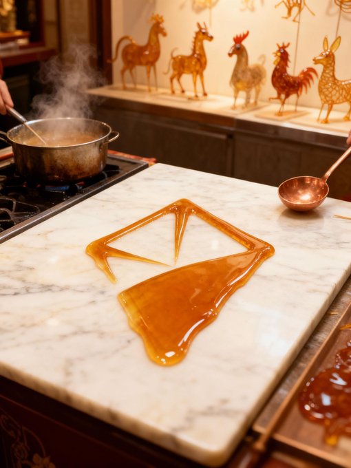 A marble countertop displays a molten amber-colored candy being shaped into a heart, with a steaming copper pot on a stove and decorative animal figurines (deer, roosters, giraffe) in the background.