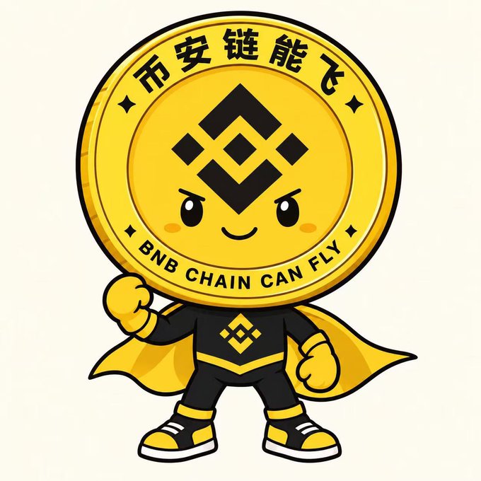 Cartoon mascot of a BNB coin wearing a black and yellow superhero suit with a cape, featuring the text 'BNB CHAIN CAN FLY' and Chinese characters around the coin.