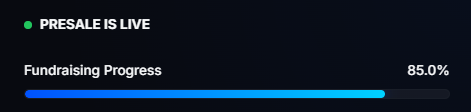 A fundraising progress bar showing 85.0% completion with 'PRESALE IS LIVE' indicator at the top.