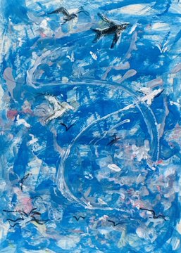 An abstract blue painting with gestural brushstrokes featuring two small bird silhouettes flying in the upper portion and a flock near the bottom.