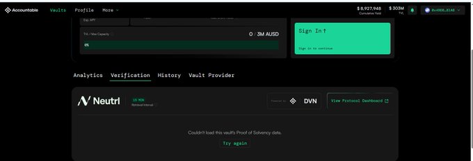 A screenshot of a cryptocurrency vault interface on "Accountable" showing vault capacity, a Neutrl protocol, and an error message stating "Couldn't load this vault's Proof of Solvency data."