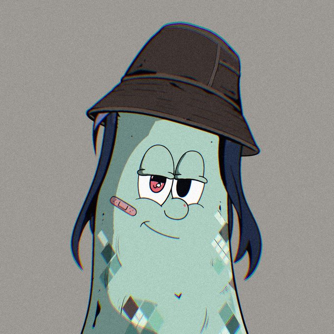 An illustration of a green, pickle-like cartoon character wearing a bucket hat and a bandage on its cheek, with a melancholic expression.