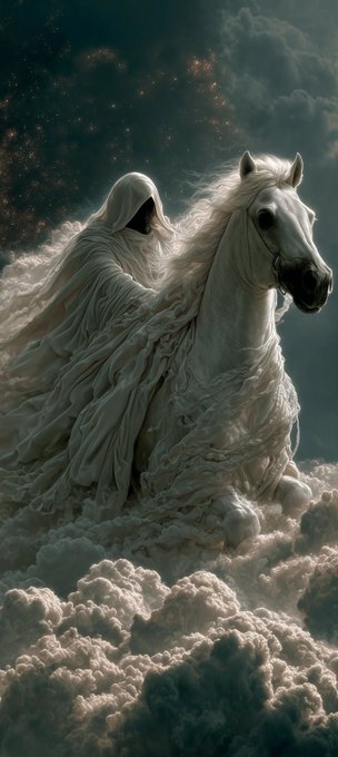 A fantasy-style digital artwork depicting a hooded, cloaked figure riding a white horse through dramatic clouds and starry skies.
