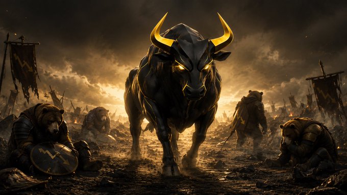 A dramatic fantasy illustration shows a powerful black bull with glowing yellow horns charging forward on a battlefield, surrounded by armored bear-like warriors and tattered banners under a dark, cloudy sky.