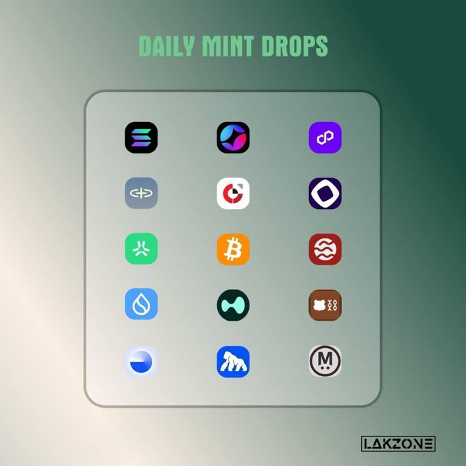 A "DAILY MINT DROPS" graphic featuring a 5x3 grid of various NFT and crypto app icons (including Bitcoin, Robinhood, and others) on a green gradient background, branded "LAKZONΞ" in the corner, promoting upcoming mints for RoyalMechanica and QuackGangRH on the Robinhood Chain.