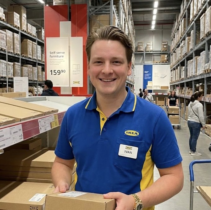 A smiling young man named Ivan, wearing a blue and yellow IKEA uniform, stands in the warehouse aisles of an IKEA store holding a flat-packed box, with a visible price sign reading "Self-serve furniture 159.90" in the background. The image humorously illustrates the caption's alternative life path—working at IKEA as an immigrant—which the poster contrasts with his real success in crypto thanks to Satoshi Nakamoto.
