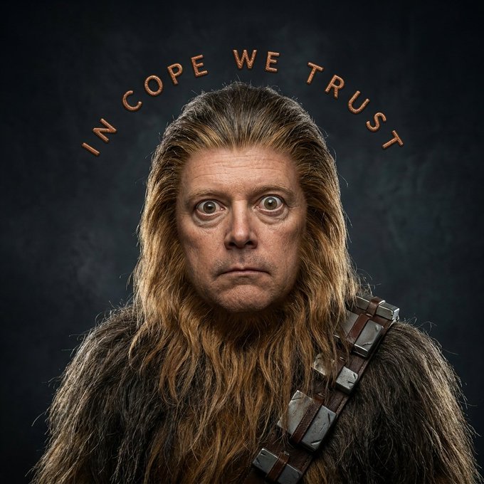 The image shows a man with long hair and a bandolier staring directly at the camera with wide eyes, with the text "IN COPE WE TRUST" arched above him in a style parodying religious imagery. The caption relates to the post's "$COPE" ticker, framing the concept of "cope" as an object of faith or devotion—mockingly suggesting that holding onto hope or denial about a losing position has become a religion for traders holding the coin.