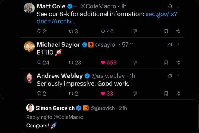 A screenshot of Twitter/X replies from Matt Cole, Michael Saylor, Andrew Webley, and Simon Gerovich, with Saylor commenting "B1,110 🚀" and the others offering congratulations and praise, illustrating the collaborative, non-zero-sum support among Bitcoin Treasury CEOs highlighted in the post.