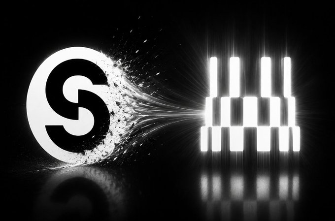 A stylized "S" logo appears to shatter and dissolve into bright particle streaks that stream toward a glowing equalizer-like pattern of vertical bars, visually symbolizing the transformation from "Story" to the "DATA Foundation" rebrand (@datafdn).