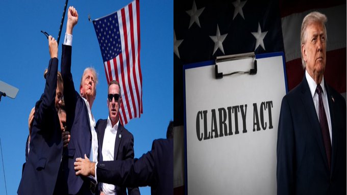The image is a split composition: on the left, Donald Trump raises his fist in the air alongside an American flag and an aide, while on the right, Trump stands next to a clipboard displaying the text "CLARITY ACT" against a backdrop of stars and stripes, visually tying his support of the act's ethics clause to the conflict of interest it would create with his own cryptocurrency venture.