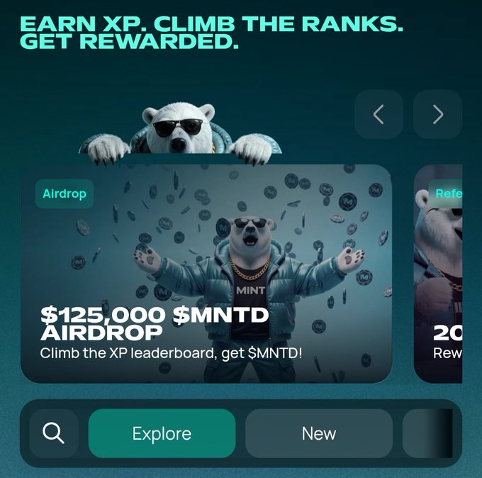 A digital advertisement featuring a polar bear character wearing sunglasses, promoting a '$125,000 $MNTD AIRDROP' with text 'EARN XP. CLIMB THE RANKS. GET REWARDED.'