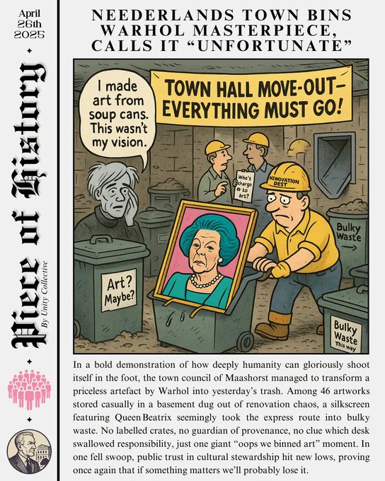 A satirical newspaper cartoon from "Piece of History" (April 26th, 2025) titled "NEEDERLANDS TOWN BINS WARHOL MASTERPIECE, CALLS IT 'UNFORTUNATE'," depicting Andy Warhol looking distressed as workers discard a silkscreen of Queen Beatrix into a bulky waste bin.