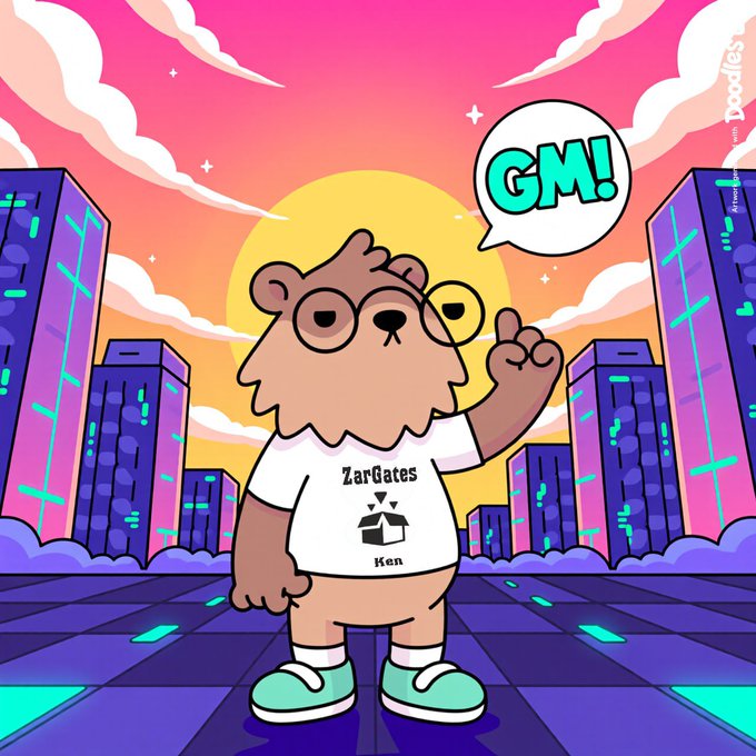 izargates, a cartoon bear with glasses and a white shirt, stands on a blue-green floor, holding a sign that reads "GOM!" against a backdrop of buildings and a sunset sky.