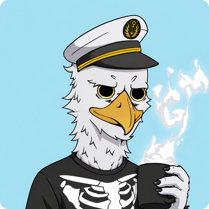 An anime-style illustration of a stern white eagle/seagull wearing a captain's hat and a black shirt with a skeleton ribcage, holding a steaming black mug.