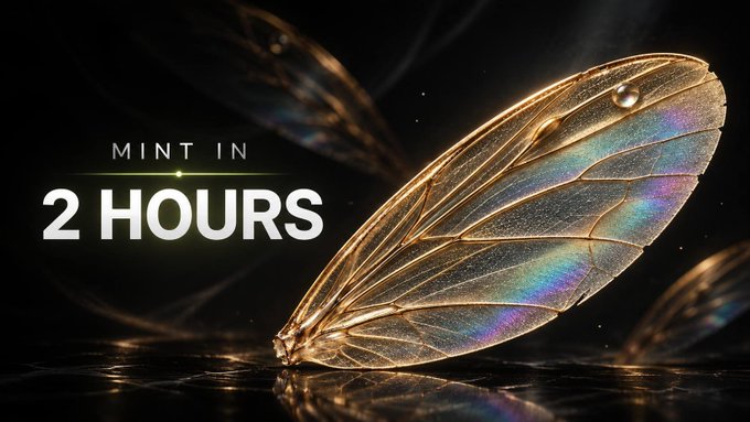 A translucent golden insect wing with iridescent rainbow refractions and a water droplet rests against a dark background, accompanied by the bold white text "MINT IN 2 HOURS." The ethereal, high-value imagery reinforces the post's urgency about an upcoming NFT mint, suggesting something rare and precious worth paying attention to.