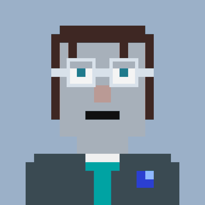 A pixel-art portrait of a bespectacled man in a suit and teal tie with a blue pocket square, paired with the caption "Clock in. StonkBrokers."—imagery evoking a stereotypical stockbroker ready to start the trading day.