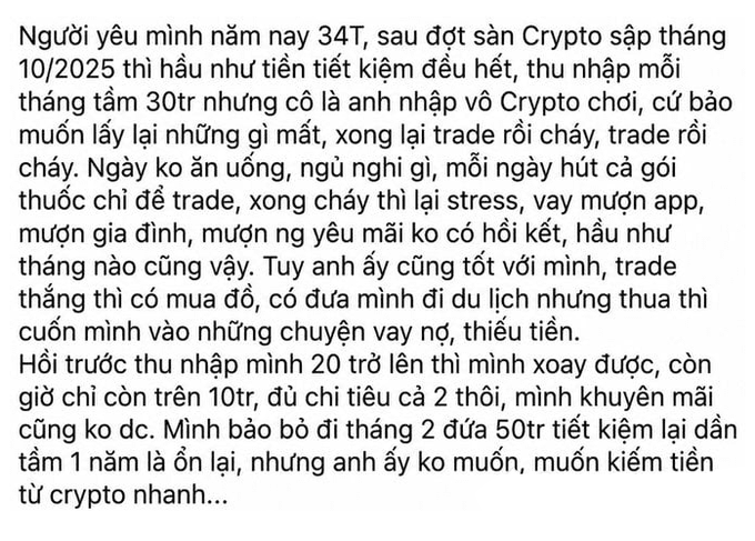 A block of Vietnamese text discussing a partner's financial situation after the Crypto market collapse of October 2025, detailing losses from trading and mounting debt.