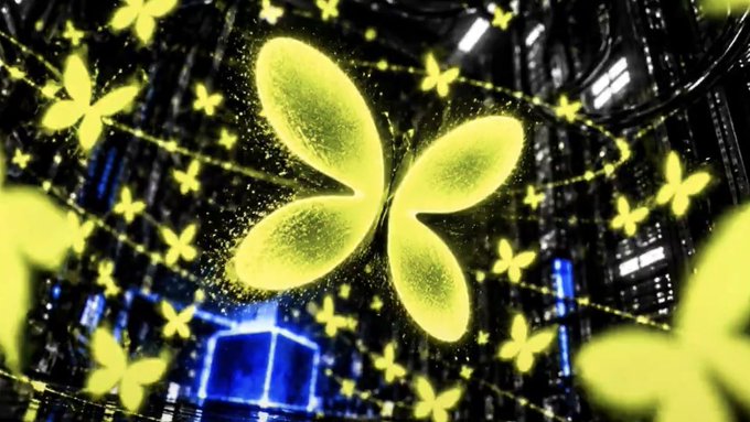 A digital illustration featuring glowing yellow butterfly-like creatures with trails of light against a dark, futuristic cityscape.