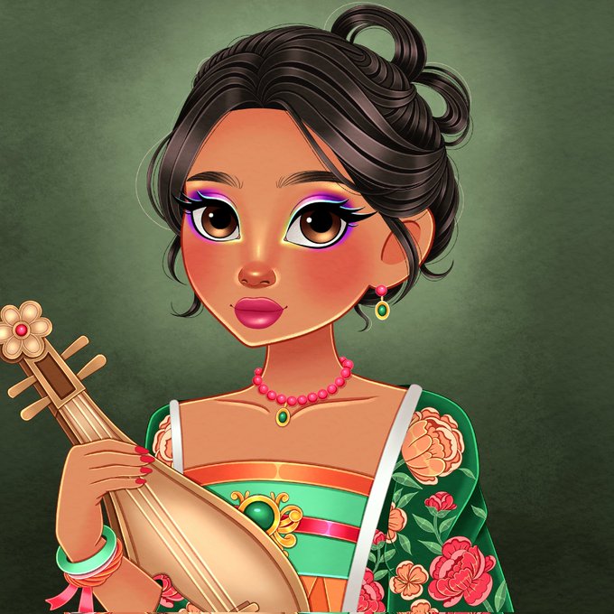 A colorful digital illustration depicts a young woman with dark hair in a bun, wearing a floral green traditional dress and pink jewelry, playing a pipa-style string instrument against a green background.