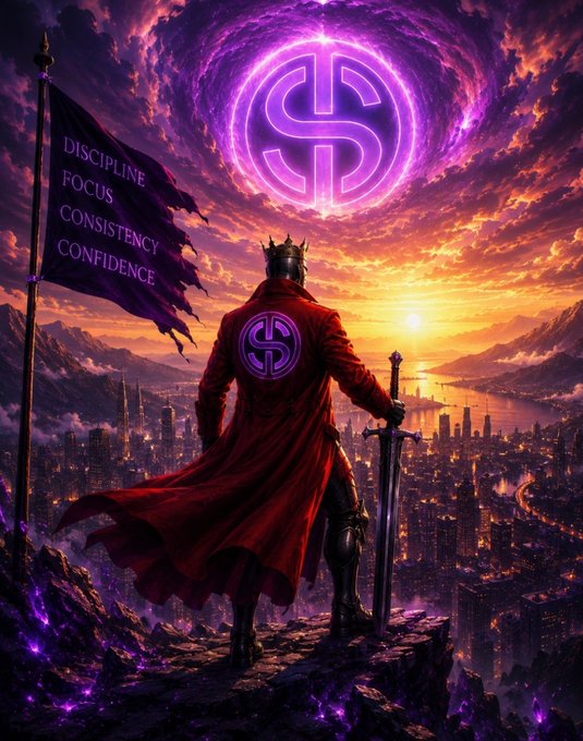 A regal figure in a red cloak and crown stands atop a cliff overlooking a sprawling city at sunset, holding a sword and a banner that reads "DISCIPLINE, FOCUS, CONSISTENCY, CONFIDENCE," with a glowing purple "$" emblem dominating the sky above—symbolizing the disciplined conquest required to elevate the $STKR token.